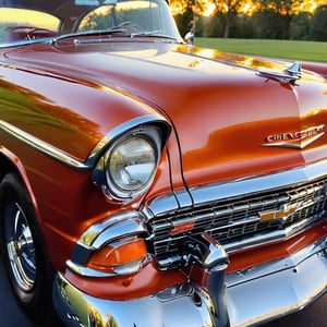 A stunning close-up of a beautifully restored 1955 Chevy Nova, showcasing the intricate details of both its top and bottom. The sleek, shining chrome grille and bumper, along with the elegant lines of the car's body, are highlighted against a backdrop of a warm, golden sunset. The interior showcases a meticulously maintained, vintage leather upholstery. The overall ambiance of the image exudes classic American automotive elegance.