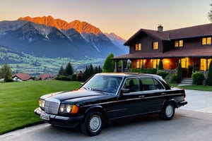 1983 mercedes 300d with a black paint job, parked in front of a house in an alpine area. Sun setting behind the mountains with a view of the valley below