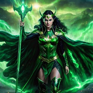 A stunning cinematic portrait of a young woman transformed into Loki, adorned with his iconic black, gold, and green armor. She has long, straight, black hair and piercing blue eyes. Wearing black boots and a flowing cape, she holds Loki's weapon with poise and confidence. The background features a lush green mist, creating an otherworldly atmosphere. The overall feel of the image is powerful and mystical, as if she is about to reveal her next move., cinematic