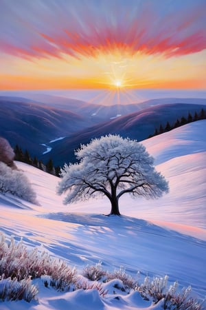 A mesmerizing landscape painting capturing a solitary tree standing proudly on a snow-covered hill. The tree is a breathtaking sight, its branches adorned with delicate white flowers, creating a striking contrast against the snowy backdrop. The sun, either rising or setting, casts a captivating red hue across the sky, accentuating the tree's beauty. The smooth horizon blends seamlessly with the snow-covered ground, stretching towards the foreground. The overall atmosphere of the painting is serene and tranquil, evoking a sense of peace and wonder. This masterpiece by @elmagnifico2 captures the essence of nature's beauty and power in a single, unforgettable image.