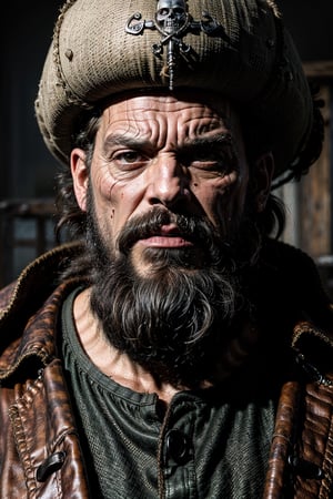 In a meticulously rendered 3D scene, the infamous pirate Blackbeard emerges in vivid detail. His weathered face is etched with wrinkles and scars, his beard a tangled mass of salt-stiffened strands. This hyper realistic digital painting captures every rugged feature, from his piercing eyes to the menacing glint of his sword. The attention to detail and lifelike textures bring Blackbeard to life, making him appear as if he could step out of the screen at any moment.