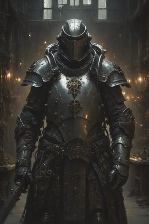 A Warforged armorer artificer stands tall in a dimly lit workshop, surrounded by a variety of metallic parts and tools. The Warforged, a sentient construct of gleaming metal and gears, is dressed in intricately detailed armor. It's hard, unyielding exterior belies its skilled craftsmanship, as it carefully fuses together a new gear mechanism. The background reveals an open workshop with various other Warforged in different stages of assembly, giving the impression of a bustling and productive environment.