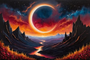 An exquisite painting capturing the essence of a cosmic solar eclipse, where the sky is ablaze with mesmerizing shades of crimson and tangerine. The world below is depicted in deep onyx and burnished bronze, with luxurious brushwork and intricate details adding to the scene's refinement and grandeur. Delicate accents of rose gold leaf catch the viewer's eye, while celestial beings wander through the surreal landscape, beckoning onlookers to be captivated by its enchanting charm. This masterpiece of illustrative artistry transports the viewer to a world of cosmic wonder and ethereal beauty., painting, illustration