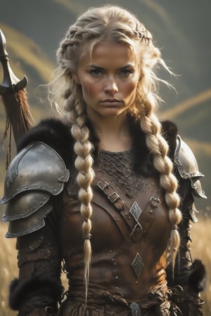 Realistic 30 year old blonde Viking female,tanned skin, braided hair, fur leather armor, steel chest armor, Viking village, cinematic moviemaker style,Extremely Realistic