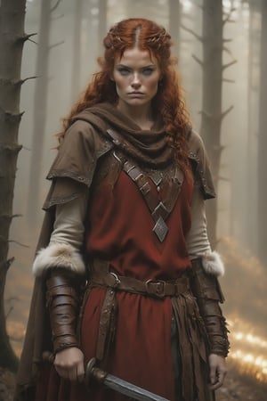ultra realistic picture of 1 (40 yo) Norse woman (fighter-hunter), perfect bodies, Extremely beautiful, intimidating and raw look, high detailed image, realism, hdr, ultra hd, 4k, 8k, high detailed texture, detailed skin, realistic shade, detailed well defined muscle, detailed face, detailed eyes, detailed hands, Detailed brown wool tunic with leather hunter guards , detailed raw wool winter tunic with v-neckline, detailed norsen cape, detailed winter fur and leather armor, tight leather bands around the calves, fur shoes, decorative bracelets and rings, vikings hair styles, detailed forest background, red hair, (10th century style clothing) ((full body)), (seen from afar).