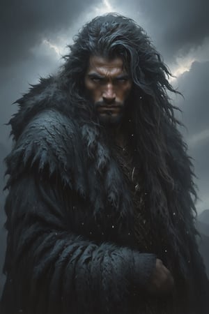 An insanely detailed fantasy concept art featuring a rugged male character with long, dark, messy hair, wearing a thick fur coat. He is sitting in the midst of a raging storm, his eyes fixed on a magical beast by his side. The creature, with its intricate scales and fur, seems to radiate a mystical energy. The background is a masterfully crafted matte painting, showcasing a treacherous landscape with towering mountains, dark clouds, and a blizzard. The use of rough paint strokes and textures adds to the overall cold and ominous atmosphere, while the complementary colors enhance the visual impact of the scene.