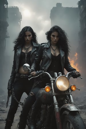 A striking cyberpunk scene captures a fearless sisterhood of women commanding attention in their unique blend of raygun gothic attire. Each woman dons a leather jacket, chains, and intricate accessories, proudly displaying their magnificent, athletic figures. They ride custom motorcycles at high speed through the desolate wasteland, defiantly navigating the dystopian world of digital chaos. The dark, stormy sky looms overhead, casting dramatic shadows, while the remnants of burning buildings serve as a haunting reminder of a past long gone. The atmosphere is a potent mix of grit, strength, and defiance, showcasing the unbreakable spirit of this empowered group.