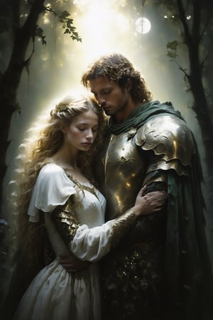 A mesmerizing dark fantasy painting of a knight embracing a fairy woman in a dense, eerie forest. The knight, adorned in shining white and gold armor, has curly brown hair and a determined gaze. The fairy woman, with long blonde hair and a green dress, lays peacefully against him, her eyes closed, and a warm, golden glow emanating from her chest. Vines slowly wrap around the knight's feet, while the moon casts a soft, eerie light on the scene. Crows fly overhead, adding a sense of mystery and intrigue., painting, dark fantasy