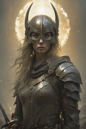 A captivating digital illustration of a female nordic warrior, clad in metal armor. Her face is partially covered by a metal helmet, emphasizing her strong, sharp features. A halo of light surrounds her head, symbolizing her saintly nature. She stands in a battle-scarred landscape, wielding a spear and a shield adorned with intricate engravings. The scene exudes a blend of ancient and futuristic elements, with an air of power and spirituality.