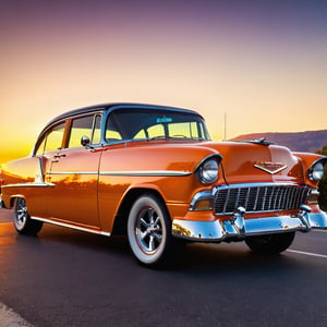 A stunning close-up of a beautifully restored 1955 Chevy Nova, showcasing the intricate details of both its top and bottom. The sleek, shining chrome grille and bumper, along with the elegant lines of the car's body, are highlighted against a backdrop of a warm, golden sunset. The interior showcases a meticulously maintained, vintage leather upholstery. The overall ambiance of the image exudes classic American automotive elegance.