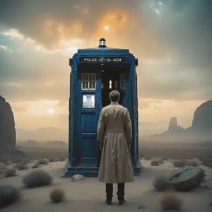 A captivating photo of Dr. Who standing next to the TARDIS on an otherworldly planet. The TARDIS appears to be an unusual blend of vintage police box and modern technology. Dr. Who is looking over the landscape. The background features an exotic, surreal landscape filled with a mix of natural and artificial elements, creating a sense of exploration and adventure., photo