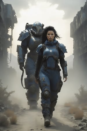 A captivating image inspired by the Fallout universe, featuring a woman in a blue vault jumpsuit with black hair in a ponytail strides confidently. In the background, the iconic Brotherhood of Steel Power Armor follows them, adding to the apocalyptic atmosphere. The scene unfolds in a desolate, arid wasteland, with scattered plants and the remnants of an abandoned building, evoking a sense of post-apocalyptic despair. A lonely road stretches towards the entrance of a distant location, further heightening the sense of exploration and adventure. The design masterfully incorporates a retro 6