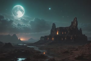 ((landscape, sci-fi, space, ruins:1.3)), ((night, glowing)), clouds, sky,science fiction,on mars,high-tech, night, prospect, moonlight reflection, sacred, landscape,bright,fhd,4k,high-resolution,realistic,surrealistic,super wide angle shot,RTX on,unreal engine 5,by Ben11, masterpiece, award winning, trending on artstation