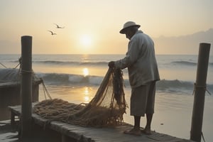 A stunning 3D render of an early morning coastal scene featuring a 70-year-old man, who is a seasoned fisherman. He is meticulously repairing his fishing nets while standing on a small, wooden pier made of planks. His small sampan is tied to the pier, reflecting the golden hues of the sunrise. The background is a serene ocean with waves gently lapping against the shore. The bleistift painting style adds a nostalgic, timeless quality to the entire scene., 3d render