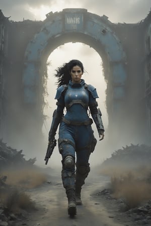 A captivating image inspired by the Fallout universe, featuring a woman in a blue vault jumpsuit with black hair in a ponytail strides confidently. In the background, the iconic Brotherhood of Steel Power Armor follows them, adding to the apocalyptic atmosphere. The scene unfolds in a desolate, arid wasteland, with scattered plants and the remnants of an abandoned building, evoking a sense of post-apocalyptic despair. A lonely road stretches towards the entrance of a distant location, further heightening the sense of exploration and adventure. The design masterfully incorporates a retro 6