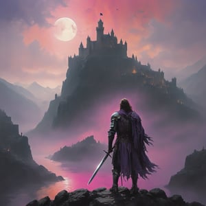 A stunning landscape photo featuring a brave knight standing atop a rocky cliff, gazing at a majestic castle perched atop a distant mountain. The knight has his sword sheathed on his back, creating a sense of security. The castle, although vast and imposing, seems to be a distant dream, with a vast sea separating the knight and his goal. The sky behind the castle is painted with vibrant hues of orange, pink, and purple, reflecting the beauty of the world beyond the knight's journey., photo