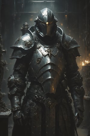 A Warforged armorer artificer stands tall in a dimly lit workshop, surrounded by a variety of metallic parts and tools. The Warforged, a sentient construct of gleaming metal and gears, is dressed in intricately detailed armor. It's hard, unyielding exterior belies its skilled craftsmanship, as it carefully fuses together a new gear mechanism. The background reveals an open workshop with various other Warforged in different stages of assembly, giving the impression of a bustling and productive environment.