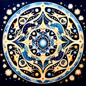 A mandala with negative space designs forming constellations or hidden creatures within the overall structure,faize