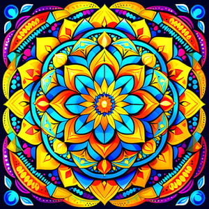 A mesmerizing mandala with intricate geometric patterns that radiate outwards from a central focal point. Use a vibrant color palette and a detailed art style,more detail XL