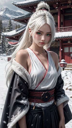 {{{masterpiece}}}, {{{best quality}}}, {{{ultra-detailed}}}, {cinematic lighting}, {illustration}, 1girl,samurai girl,white hair,long hair,hair over front,tight blue hakama,katana,unsheathing katana,snowy background,bloody snow, ,Samurai girl,guweiz style,Realism