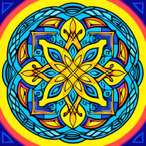 A mandala that incorporates traditional Celtic knotwork patterns with a vibrant color scheme inspired by pop art