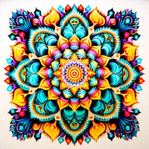 A mandala with fractal patterns, where each layer reveals a smaller, more intricate design in unexpected colors