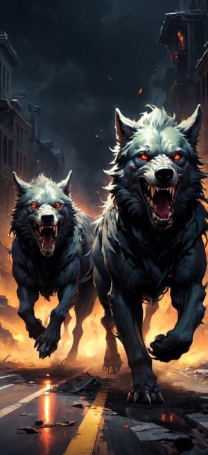 wolf rotten zombie, three heads, cerberus, screaming with rage, (running down a Wide highway littered with abandoned cars), sprinting, torn flesh, tattered clothes, fantasy magic, undercut hairstyle, dark light night, intricate, elegant, sharp focus, illustration, highly detailed, digital painting, concept art, matte, art by wlop and artgerm and greg rutkowski and alphonse mucha, masterpiece, monster