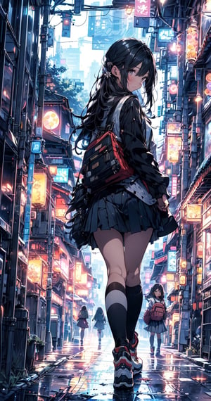 (fulldetail), (4k), 8k, long hair, multiple girls, skirt, shirt, black hair, hair ornament, long sleeves, dress, 2girls, school uniform, white shirt, pleated skirt, outdoors, sky, shoes, socks, black skirt, bag, from behind, two side up, tree, night, holding hands, backpack, building, sneakers, star \(sky\), night sky, scenery, starry sky, walking, shoulder bag, city, sign, road, lamppost, street, midjourney, perfect face, perfect body, perfect hands, perfect legs,wrenchfaeflare,breakdomain,1 girl,perfect