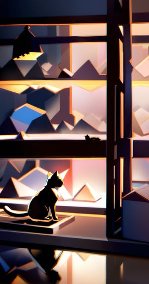 A cat peering into a box, captivated by a miniature world within. Soft, focused lighting accentuates the details of the tiny scene, creating a sense of wonder and exploration. 