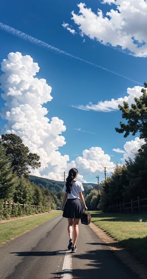 Masterpiece, beautiful details, perfect focus, uniform 8K wallpaper, high resolution, exquisite texture in every detail, (fulldetail), (4k), 8k, scenery, sky, outdoors, sky, day, cloud, outdoors, sky, day, cloud, blue sky, no humans, 1girl, solo, long hair, skirt, shirt, black hair, school uniform, white shirt, flower, short sleeves, outdoors, sky, day, cloud, bag, from behind, tree, blue sky, shadow, cloudy sky, grass, plant, ground vehicle, scenery, facing away, road, summer, bicycle, bicycle basket, midjourney, perfect face, perfect body, perfect hands, perfect legs,wrenchfaeflare,JinxLol