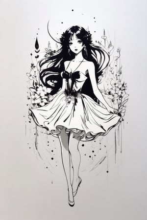 Girl  in a white dress,NYFlowerGirl,dripping paint,ral-chrcrts,Illustration,CarnelianDakimakura,flash,realhands,black pantyhose,illustration style,monochrome,DonMF41ryW1ng5,sketch,
Perfect hands, perfect legs, perfect fingers, perfect face, perfect body, 