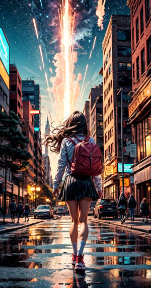(fulldetail), (4k), 8k, long hair, multiple girls, skirt, shirt, black hair, hair ornament, long sleeves, dress, 2girls, school uniform, white shirt, pleated skirt, outdoors, sky, shoes, socks, black skirt, bag, from behind, two side up, tree, night, holding hands, backpack, building, sneakers, star \(sky\), night sky, scenery, starry sky, walking, shoulder bag, city, sign, road, lamppost, street, midjourney, perfect face, perfect body, perfect hands, perfect legs,wrenchfaeflare,breakdomain