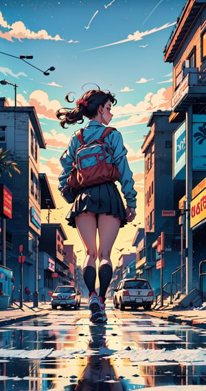 (fulldetail), (4k), 8k, long hair, multiple girls, skirt, shirt, black hair, hair ornament, long sleeves, dress, 2girls, school uniform, white shirt, pleated skirt, outdoors, sky, shoes, socks, black skirt, bag, from behind, two side up, tree, night, holding hands, backpack, building, sneakers, star \(sky\), night sky, scenery, starry sky, walking, shoulder bag, city, sign, road, lamppost, street, midjourney, perfect face, perfect body, ((perfect hands:1.3)), perfect legs