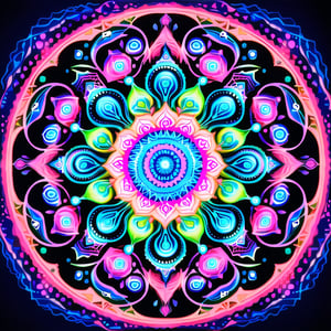 A mandala inspired by bioluminescence, featuring a deep ocean blue center with glowing accents of neon green, electric purple, and coral pink