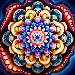 A mesmerizing mandala where intricate fractal patterns erupt from a central core, resembling a blooming flower with each layer revealing stunning abscission details