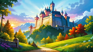 A beautiful landscape of magical town with big castles and nature