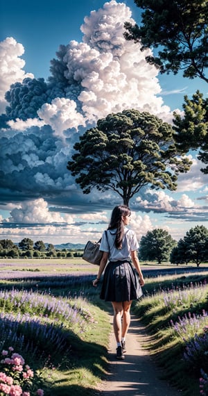 Masterpiece, beautiful details, perfect focus, uniform 8K wallpaper, high resolution, exquisite texture in every detail, (fulldetail), (4k), 8k, scenery, sky, outdoors, sky, day, cloud, outdoors, sky, day, cloud, blue sky, no humans, 1girl, solo, long hair, skirt, shirt, black hair, school uniform, white shirt, flower, short sleeves, outdoors, sky, day, cloud, bag, from behind, tree, blue sky, shadow, cloudy sky, grass, plant, ground vehicle, scenery, facing away, road, summer, bicycle, bicycle basket, midjourney, perfect face, perfect body, perfect hands, perfect legs,wrenchfaeflare