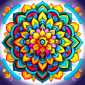 A mesmerizing mandala with intricate geometric patterns that radiate outwards from a central focal point. Use a vibrant color palette and a detailed art style