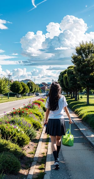 (fulldetail), (4k), 8k, scenery, sky, outdoors, sky, day, cloud, outdoors, sky, day, cloud, blue sky, no humans, 1girl, solo, long hair, skirt, shirt, black hair, school uniform, white shirt, flower, short sleeves, outdoors, sky, day, cloud, bag, from behind, tree, blue sky, shadow, cloudy sky, grass, plant, ground vehicle, scenery, facing away, road, summer, bicycle, bicycle basket, midjourney, perfect face, perfect body, ((perfect hands:1.3)), perfect legs