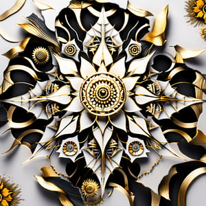 A hauntingly beautiful mandala inspired by peeling bark and decaying flowers. Render the design in a limited palette of black, white, and gold, with intricate fractal patterns emerging from the cracks and crevices