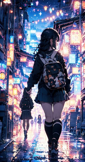 (fulldetail), (4k), 8k, long hair, multiple girls, skirt, shirt, black hair, hair ornament, long sleeves, dress, 2girls, school uniform, white shirt, pleated skirt, outdoors, sky, shoes, socks, black skirt, bag, from behind, two side up, tree, night, holding hands, backpack, building, sneakers, star \(sky\), night sky, scenery, starry sky, walking, shoulder bag, city, sign, road, lamppost, street, midjourney, perfect face, perfect body, ((perfect hands:1.3)), perfect legs,wrenchfaeflare,breakdomain,1 girl,perfect