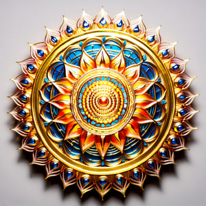 A mandala composed of shimmering metallic threads, depicting a radiant sun at its center