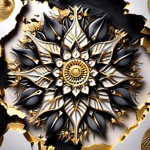 A hauntingly beautiful mandala inspired by peeling bark and decaying flowers. Render the design in a limited palette of black, white, and gold, with intricate fractal patterns emerging from the cracks and crevices