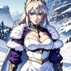 artoria pendragon (lancer) (fate) in an elegant and sofisticated white dress, coloration realistic, twillight winter landscape, eyes details, human proporcion