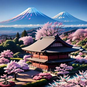 16K monte fuji landscape, sakura tree in winter scenary, best japanese model similar to artoria pendragon
