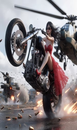 1girl, breasts, black hair, gloves, dress, weapon, outdoors, multiple boys, solo focus, gun, military, red dress, sunglasses, 3boys, helmet, ground vehicle, motor vehicle, rifle, handgun, smoke, motion blur, aircraft, airplane, road, assault rifle, explosion, vehicle focus, motorcycle, firing, shell casing, rocket launcher, helicopter,kanedabike,F-22