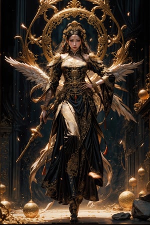 Full body shot of a character standing in majestic pose, hyper realistic representation of a fantasy chinese empress with the most sumptuous wedding hanfu dress made of orange silk and richly embroidered with gold and silver threads, wide sleeves, intricately carved golden badges and tassels, flowers and clouds background, smoke, intricately carved rock magic circle, mandala of lights. Art by Yoshitaka Amano, Zhong Fenghua, stunning interpretive visual, gothic regal, colorful, realistic eyes, dreamy magical atmosphere, (film grain), (warm hue, warm tone), cinematic light, side lightings, Angel,xuer house,Circle,Indian