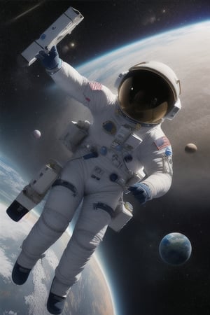 Imagine cartoonish astronauts with big helmets and suits floating in space, surrounded by colorful planets and stars