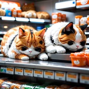Chubby Ginger cats sleeping on small small 
 convenient store check-out cashier,  captured with Sony A7S III high resolution digital camera, global illumination, dof, bloom, bokeh, niji style,more detail XL,Extremely Realistic