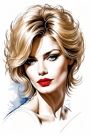 pencil Sketch of a beautiful mature woman, brigitte Bardot, 40 years old, with blonde short hair, messy hair, alluring, portrait by Charles Miano, ink drawing, illustrative art, soft lighting, detailed, more Flowing rhythm, elegant, low contrast, add soft blur with thin line, red lipstick, blue eyes. 